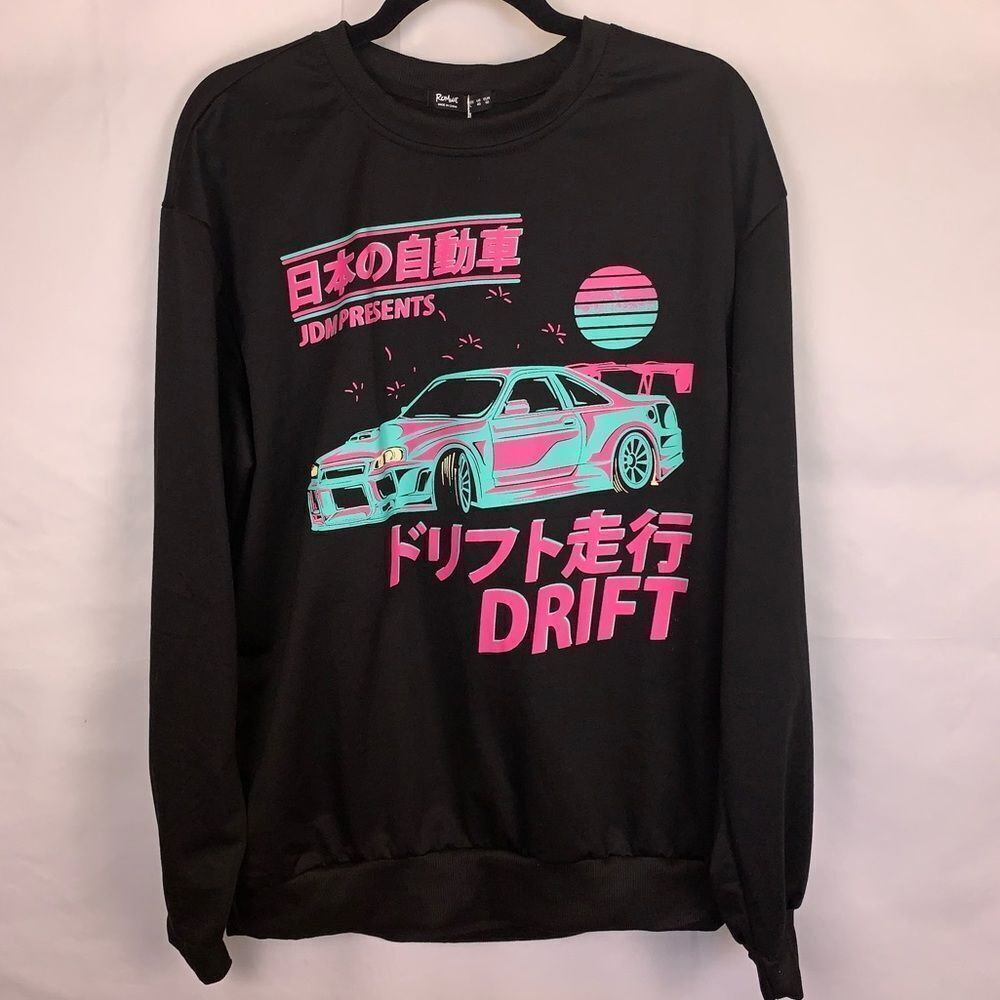 RomWe Black Long Sleeve Drift Graphic Pullover